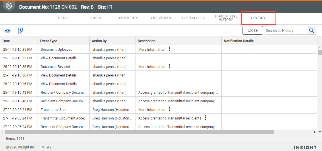 InEight Document - viewing Additional Document Functions